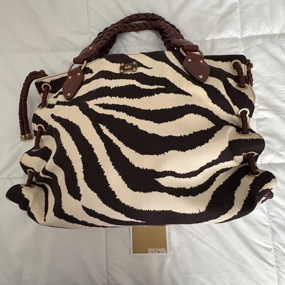 Michael Kors Cream Brown Zebra Canvas Purse Brown Leather Braided Handle New - Picture 3 of 10